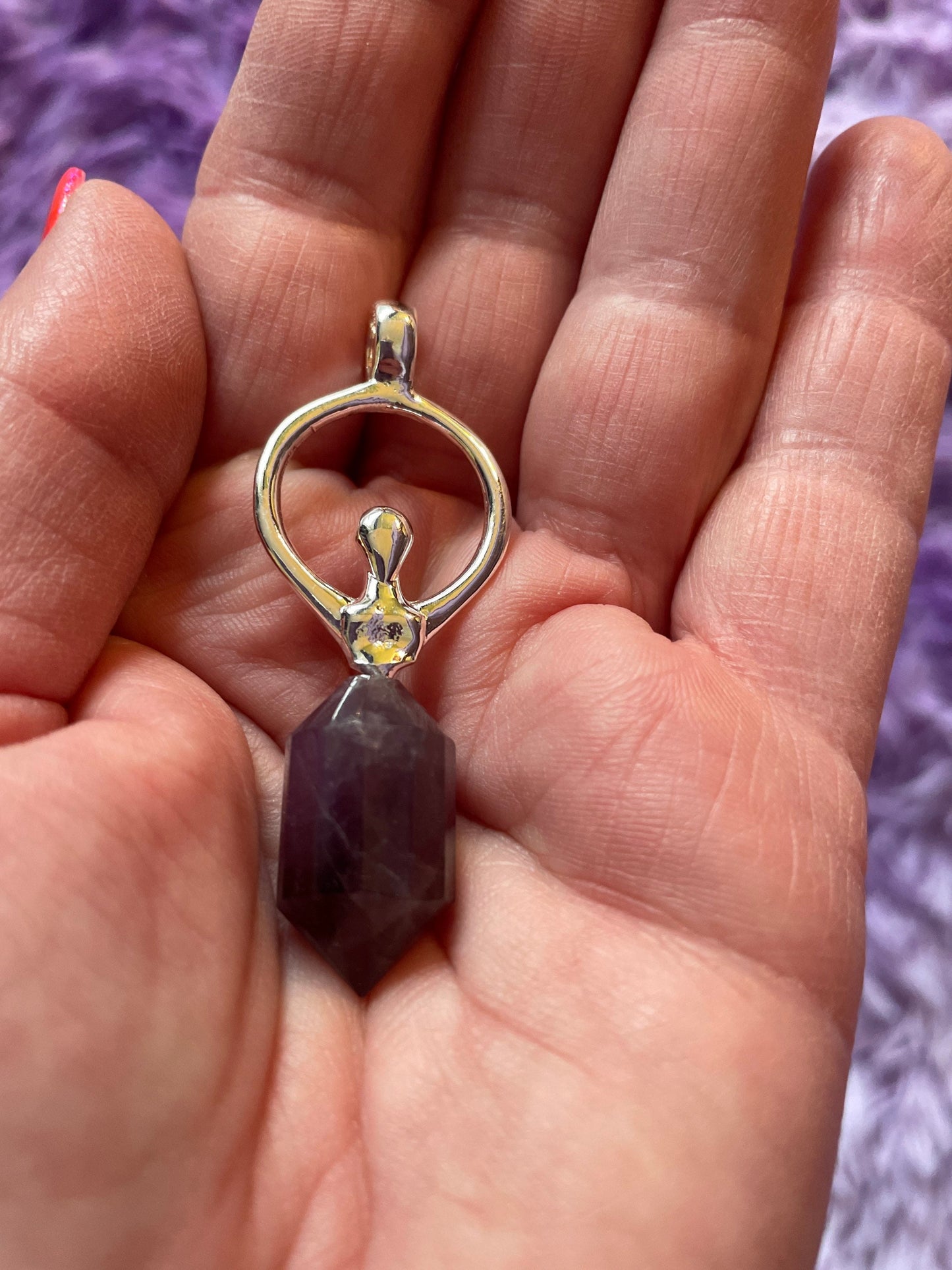 Beautiful silver and amethyst Goddess pendant on silver plated chain