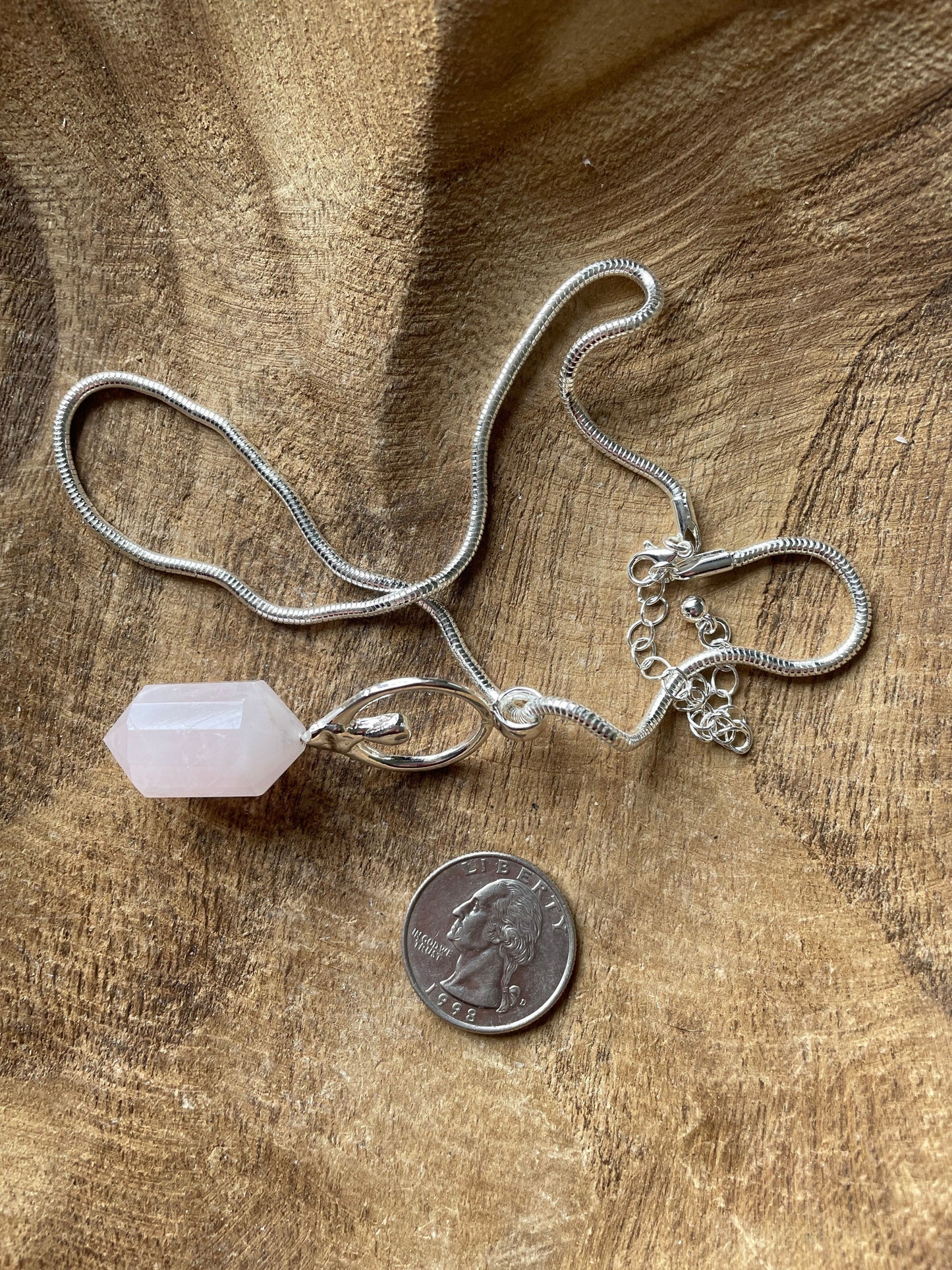 Beautiful Rose Quartz Goddess Pendant Vogel Point with silver plated chain