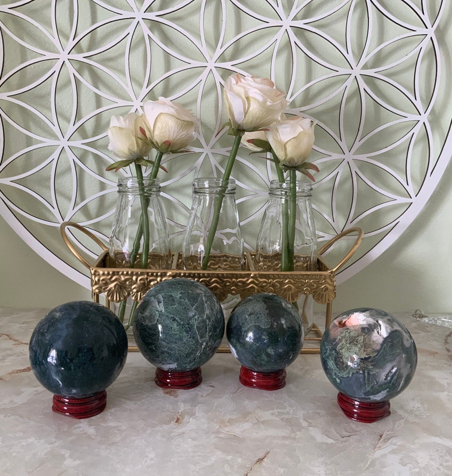 Beautiful Moss agate spheres four to choose from earth crystal Gardner stone