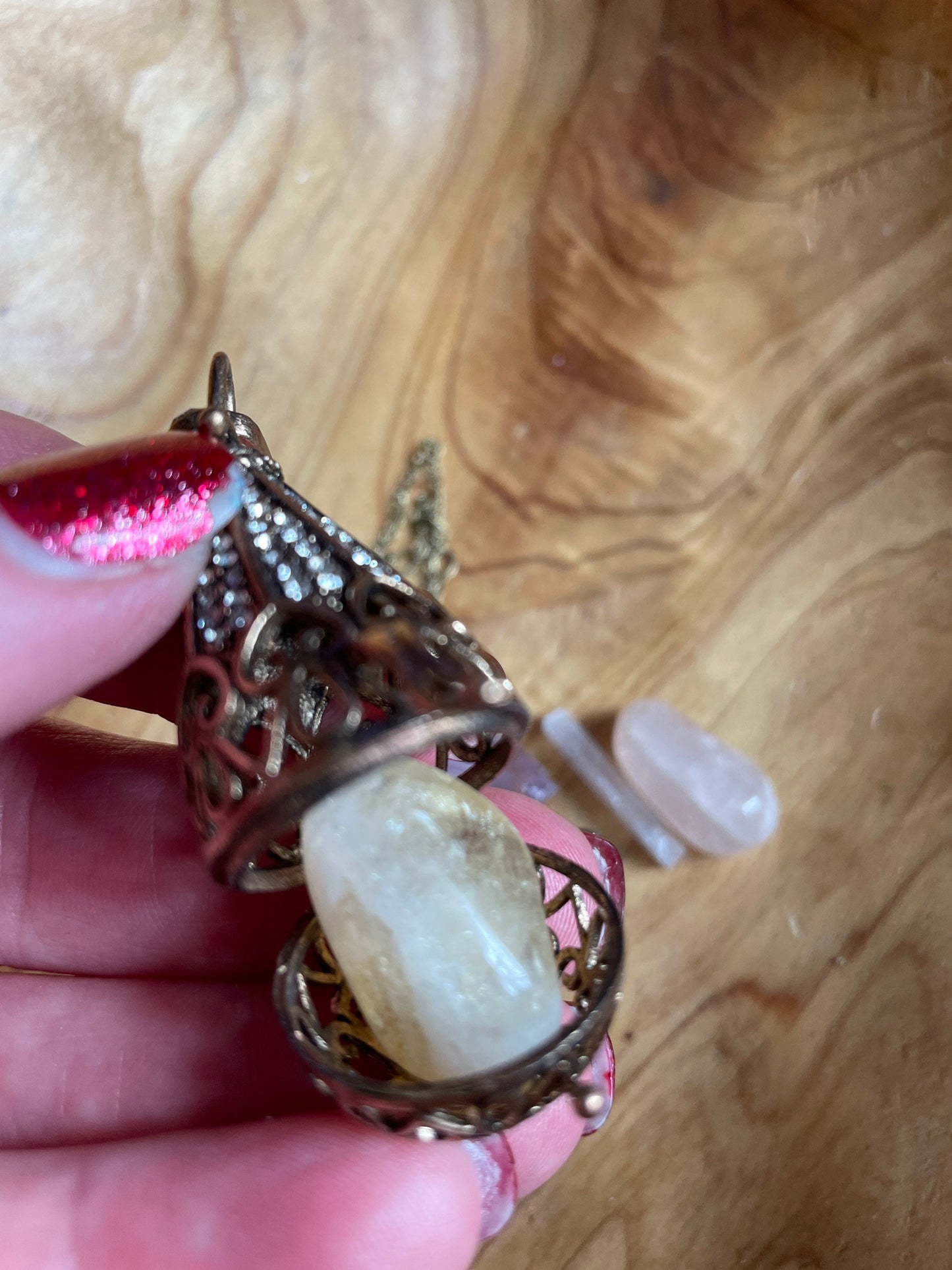 Antique Gold locket with 6 interchangeable crystals on 16” antique gold chain