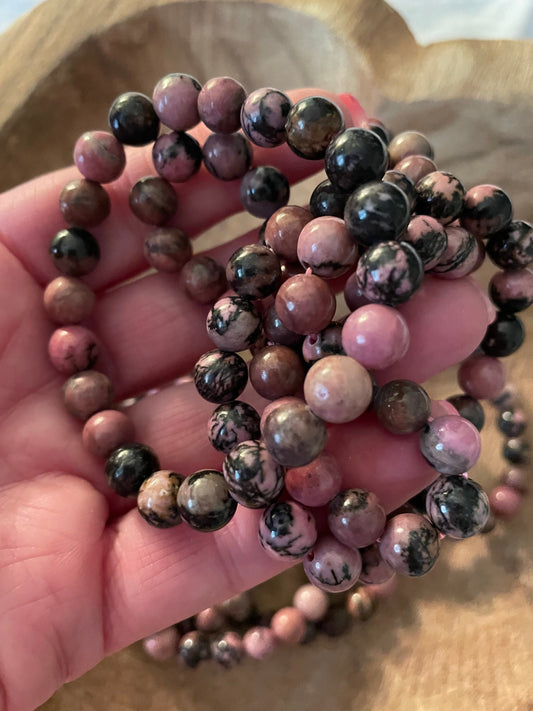 Beautiful Rhodonite 8mm bracelets. One size fits all.