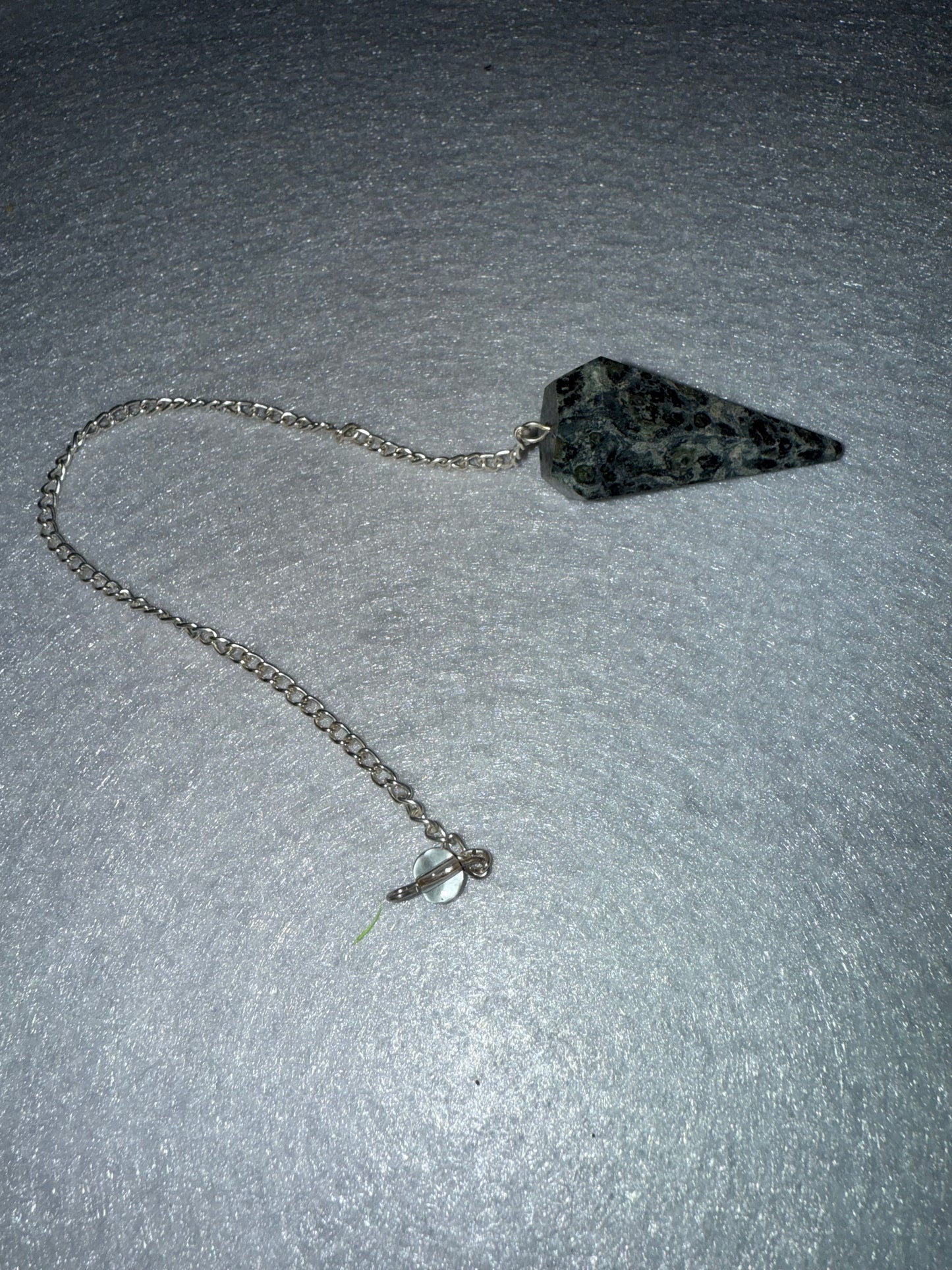 Awesome Kambaba Jasper Pendulum is  1.5” and with chain is 9”