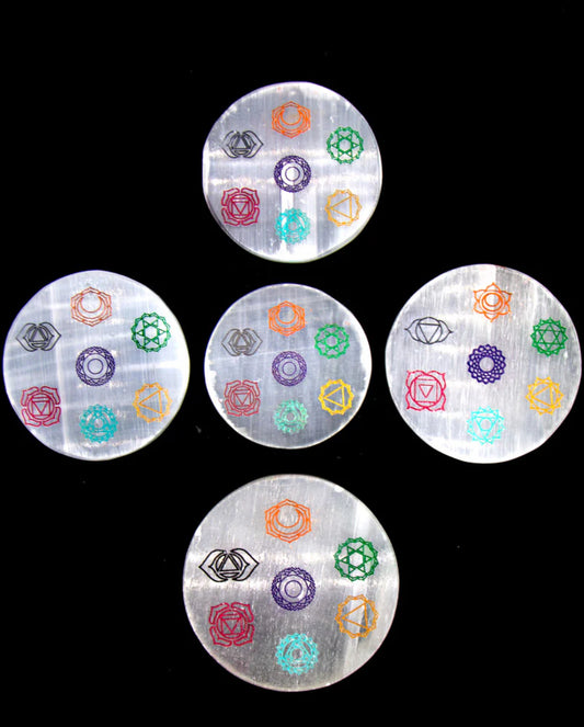 Beautiful Round, Reiki Selenite Charging Plate with Chakra symbols