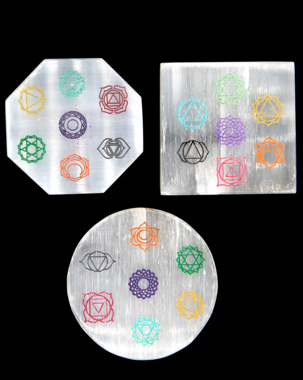 Beautiful Round, Reiki Selenite Charging Plate with Chakra symbols