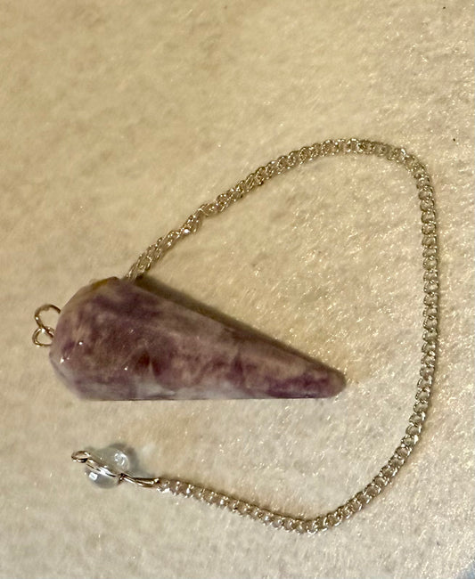 Beautiful Lepidolite Pendulum is  1.65” and with chain is 8.75”.