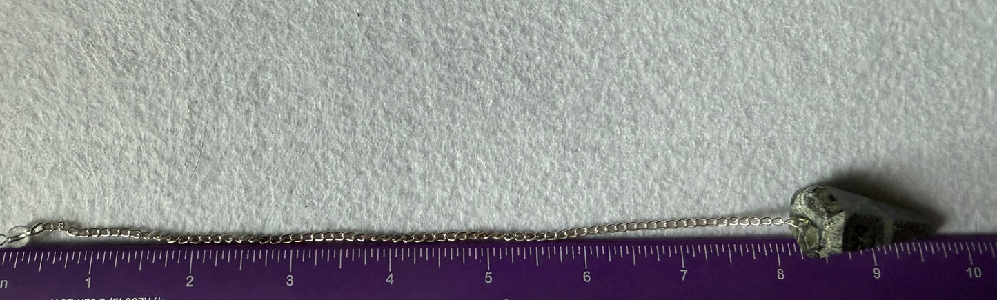 Awesome Kambaba Jasper Pendulum is  1.5” with chain is 9.75”