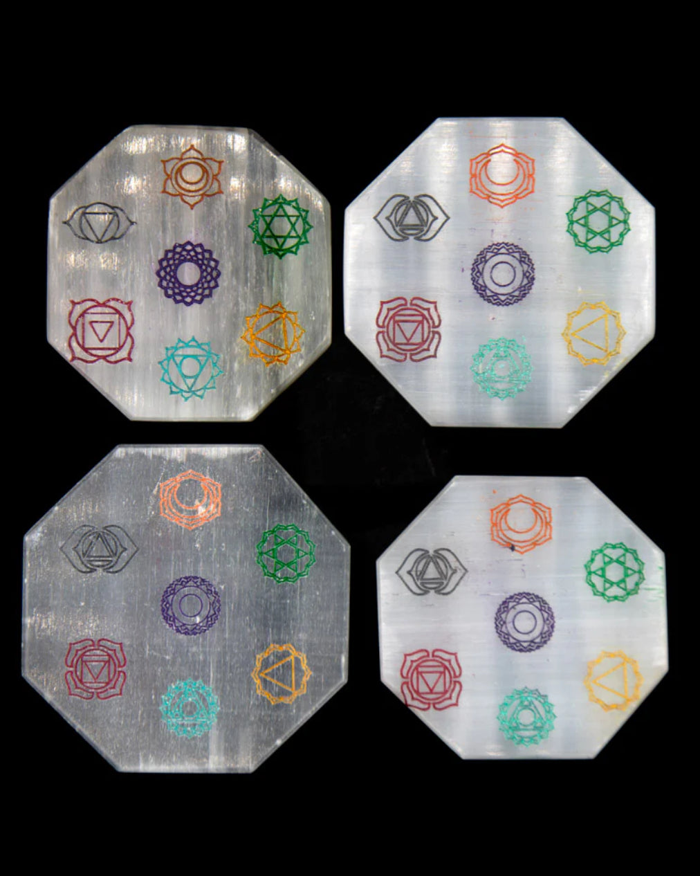 Beautiful Octagon, Reiki Selenite Charging Plate with Chakra symbols