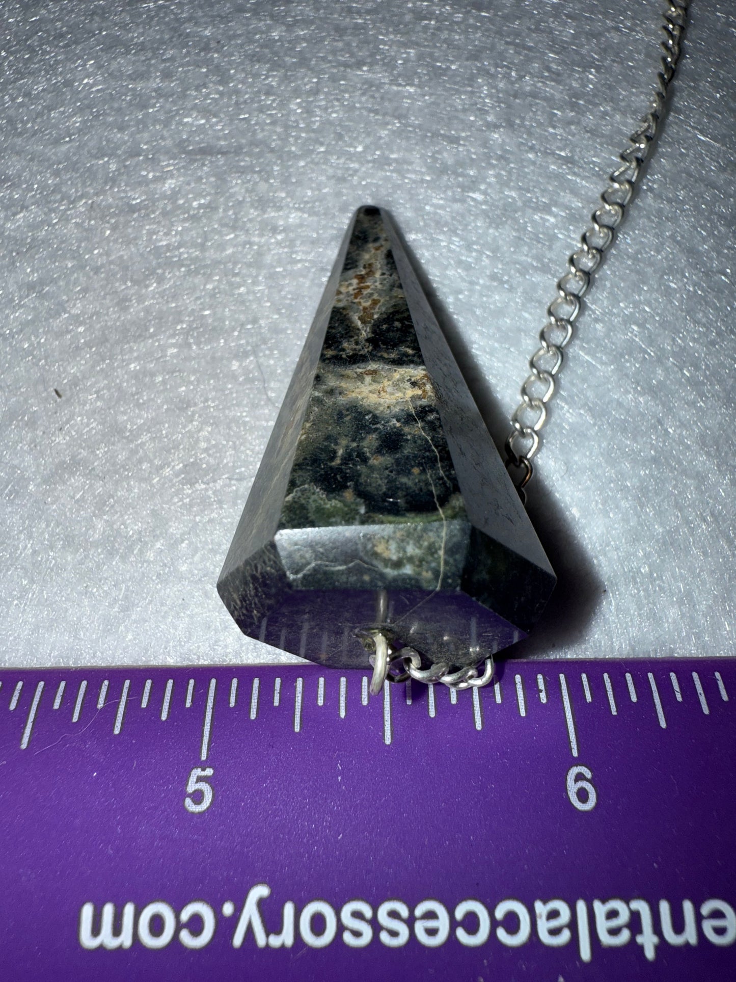 Unique Kambaba Jasper Pendulum is  1.5” and with chain is 9”