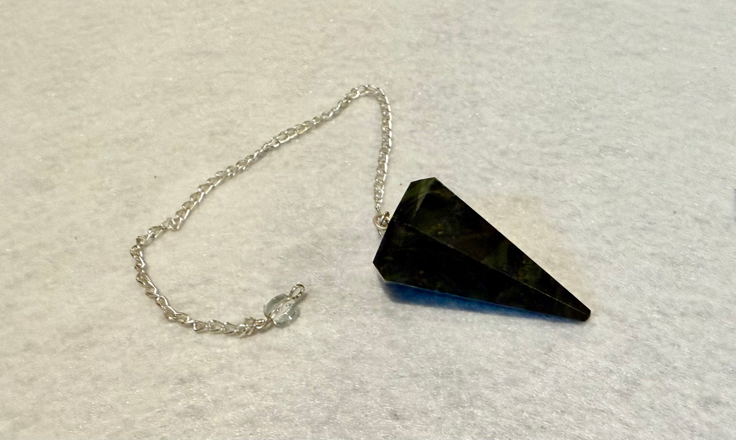 Awesome Kambaba Jasper Pendulum is  1.5” and with chain is 8”