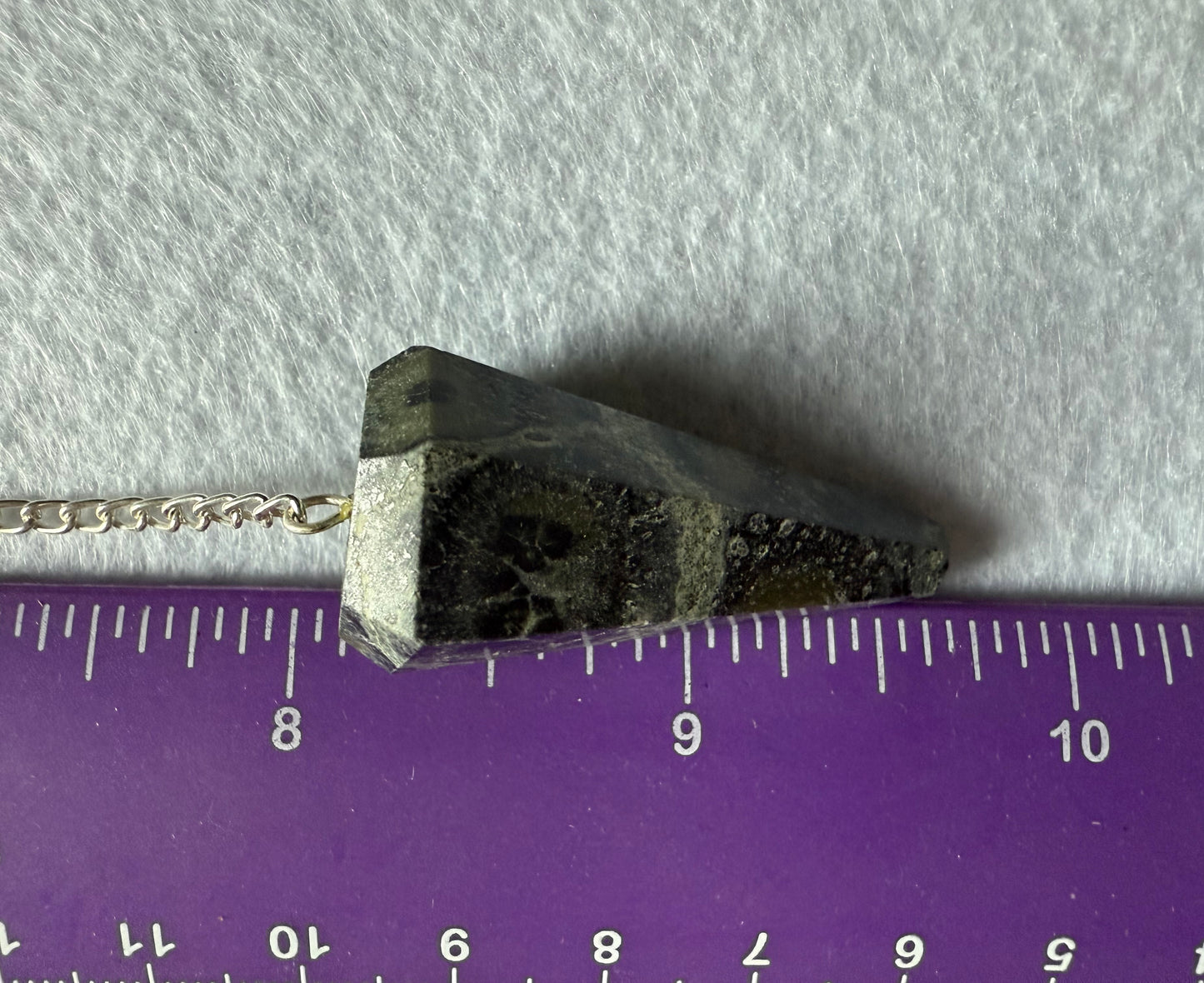 Awesome Kambaba Jasper Pendulum is  1.5” with chain is 9.75”