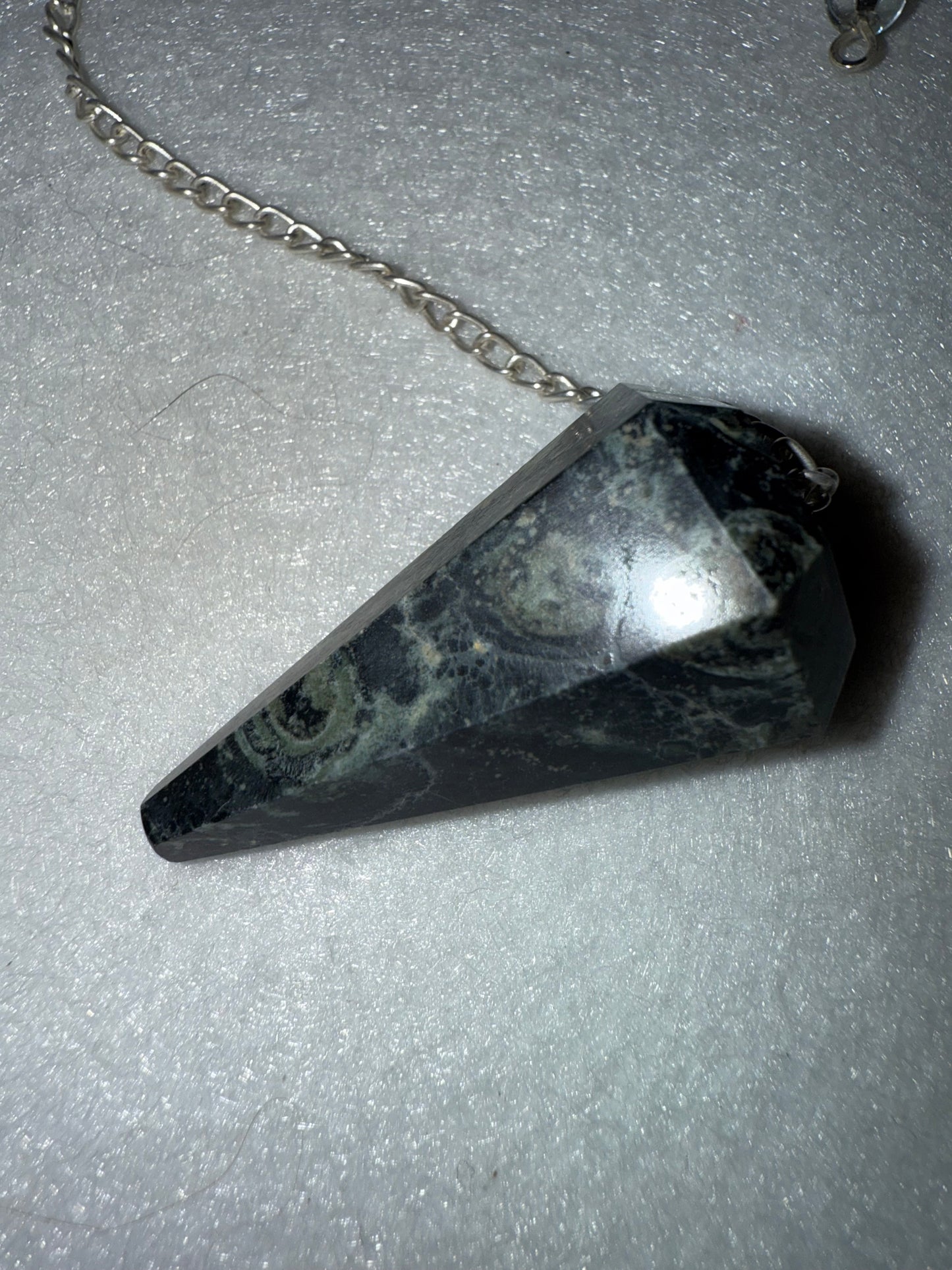 Incredible Kambaba Jasper Pendulum is  1.5” and with chain is 9”