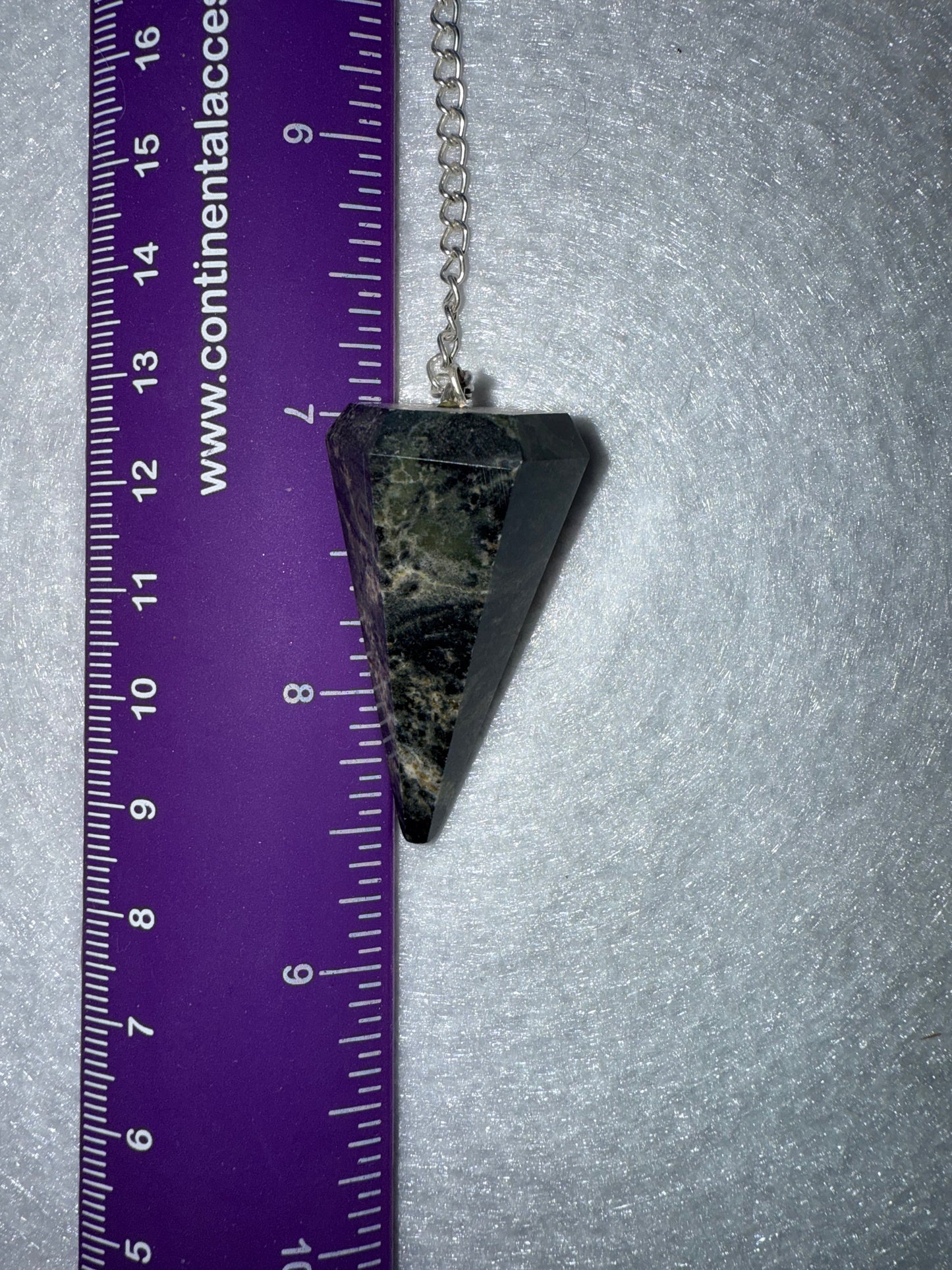 Unique Kambaba Jasper Pendulum is  1.5” and with chain is 9”