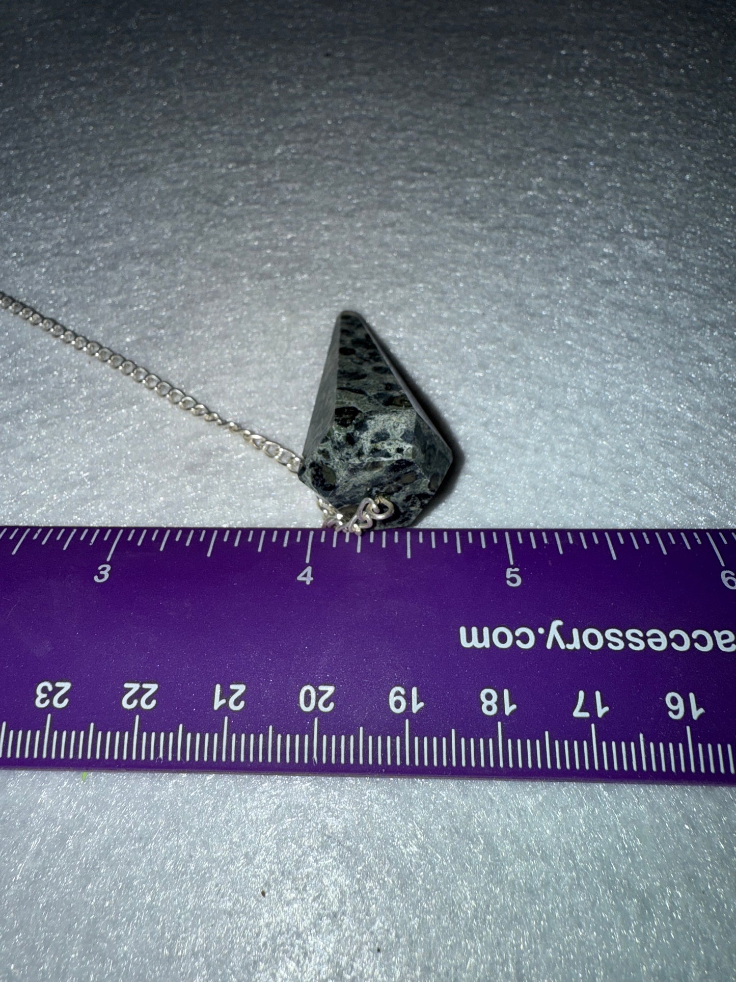 Awesome Kambaba Jasper Pendulum is  1.5” and with chain is 9”