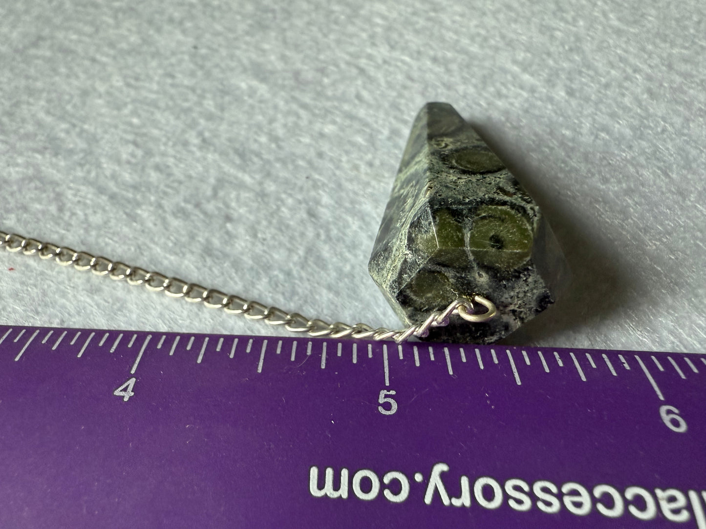 Awesome Kambaba Jasper Pendulum is  1.5” with chain is 9.75”