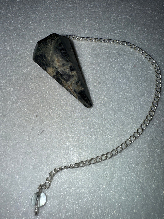 Unique Kambaba Jasper Pendulum is  1.5” and with chain is 9”