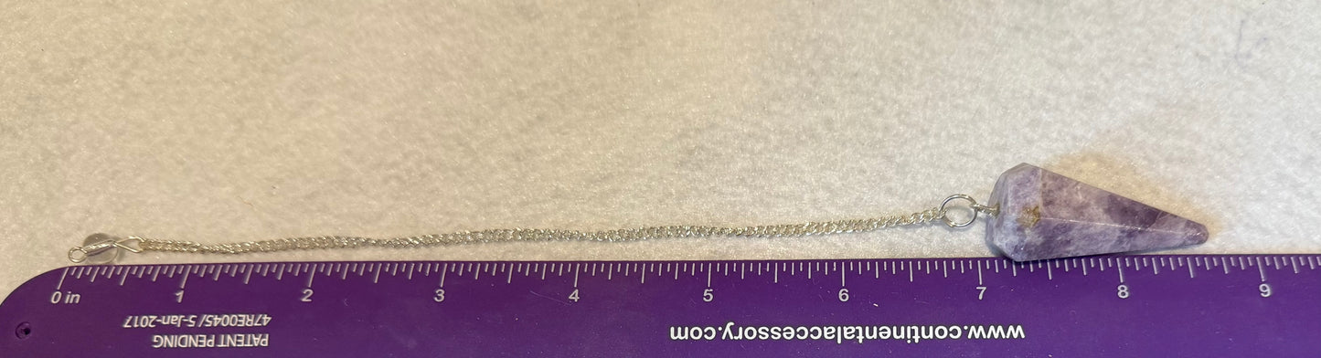 Beautiful Lepidolite Pendulum is  1.65” and with chain is 8.75”.