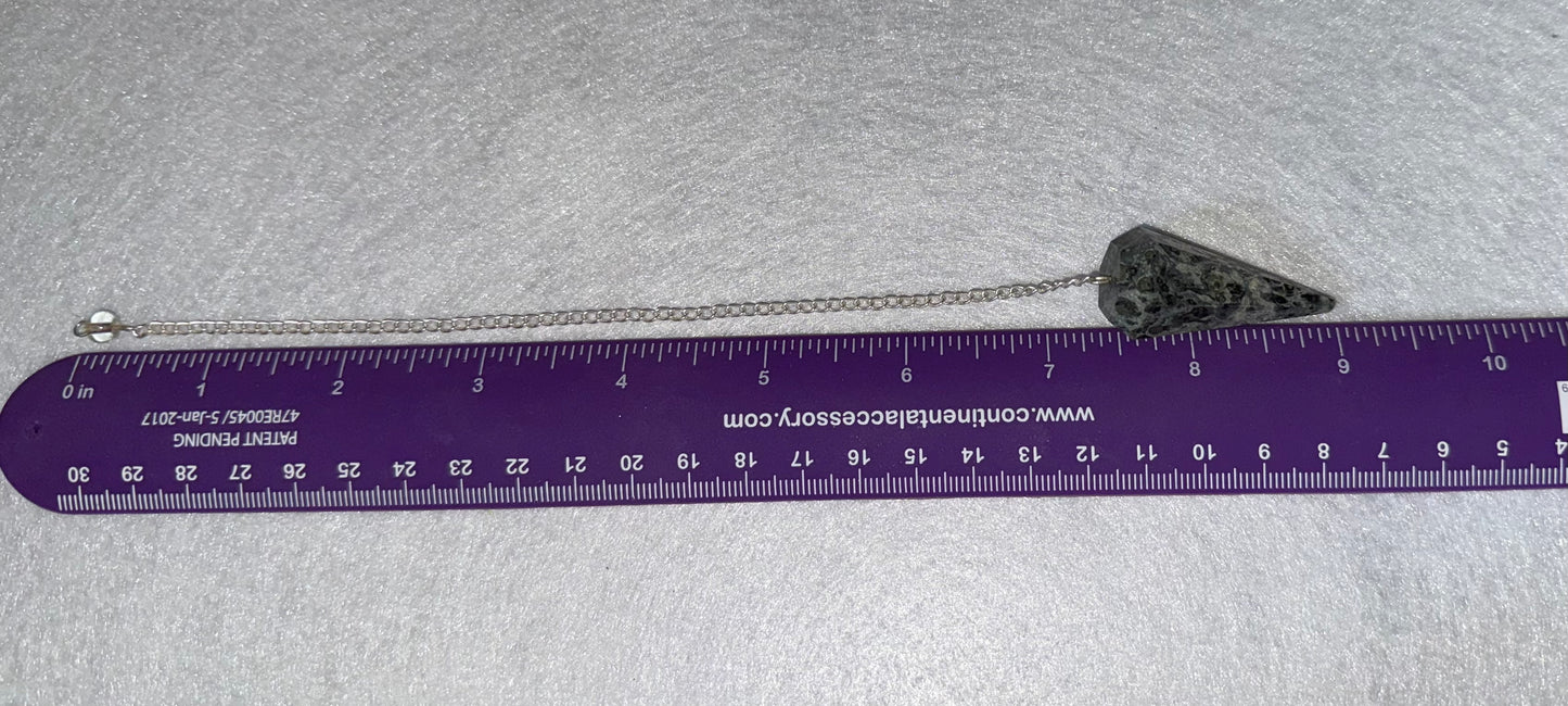Awesome Kambaba Jasper Pendulum is  1.5” and with chain is 9”