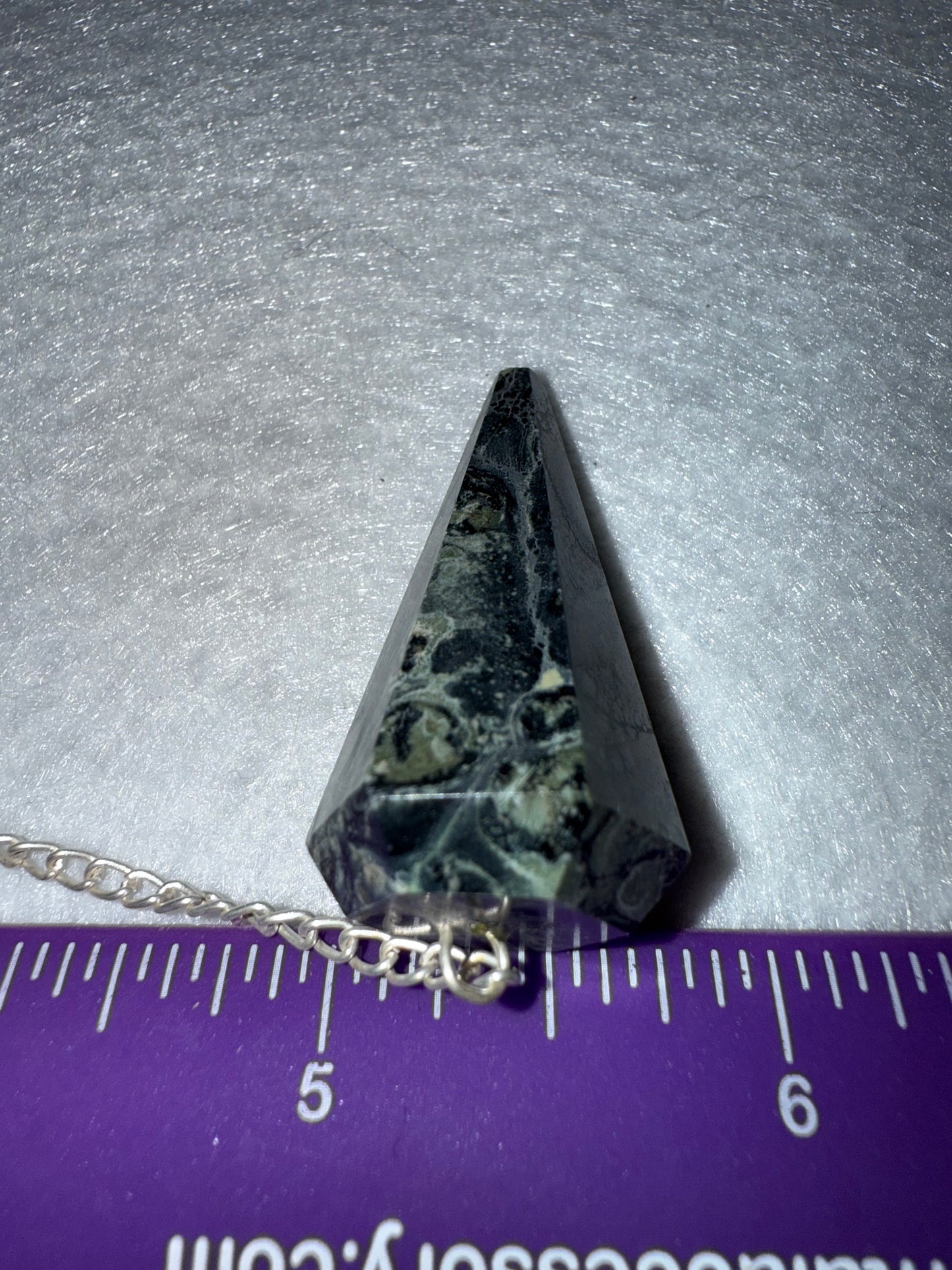 Incredible Kambaba Jasper Pendulum is  1.5” and with chain is 9”