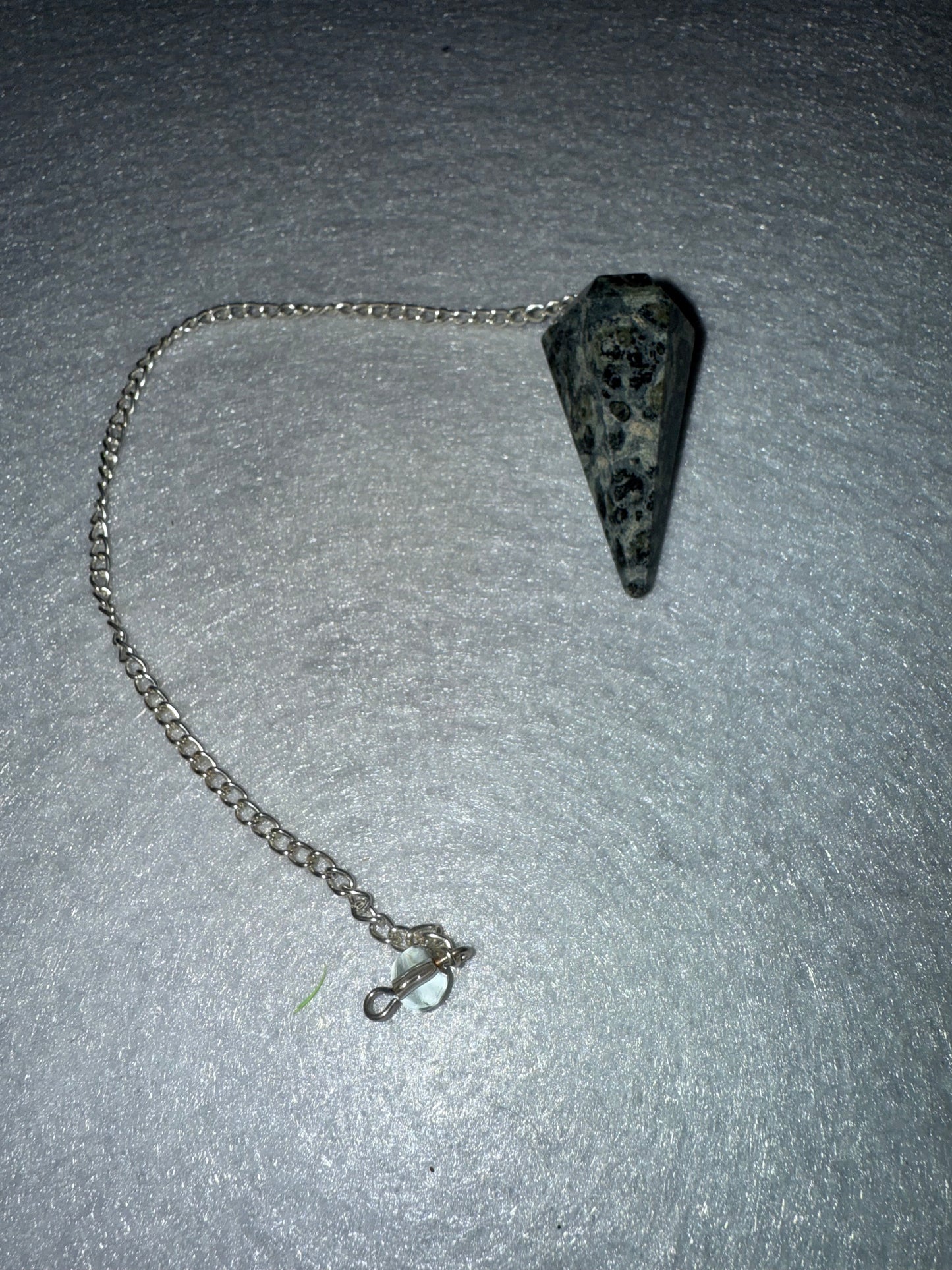 Awesome Kambaba Jasper Pendulum is  1.5” and with chain is 9”