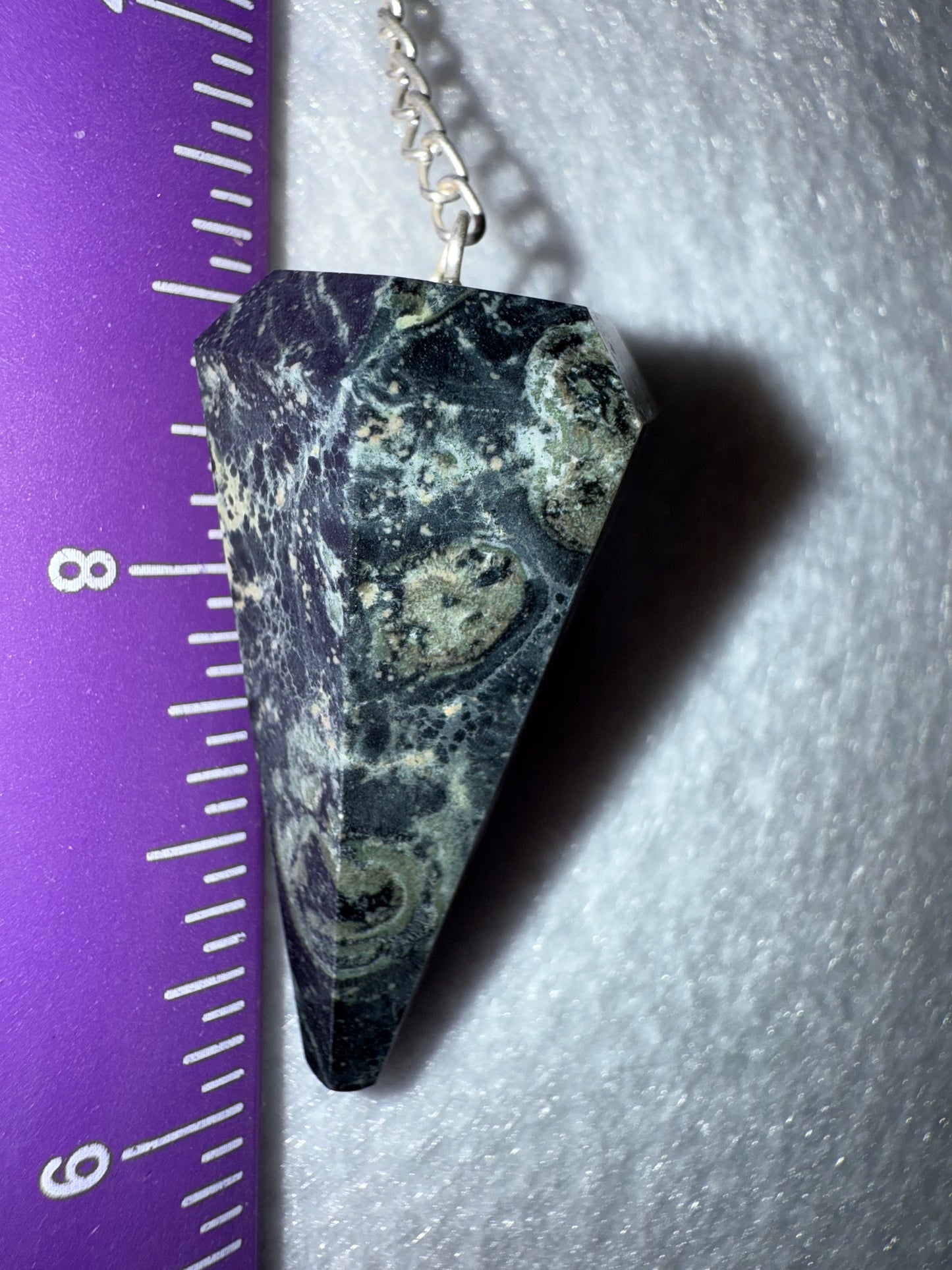 Incredible Kambaba Jasper Pendulum is  1.5” and with chain is 9”