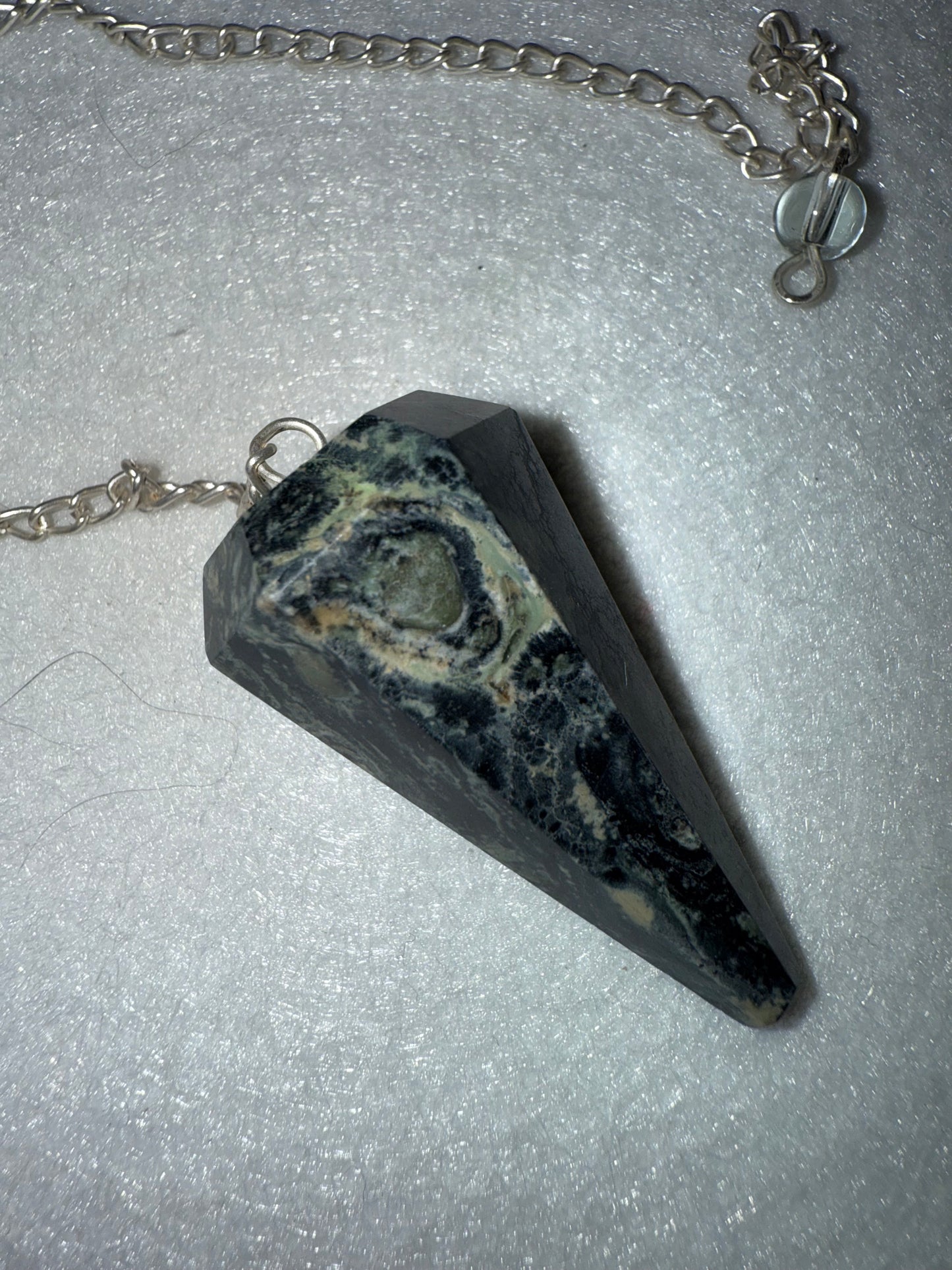 Incredible Kambaba Jasper Pendulum is  1.5” and with chain is 9”