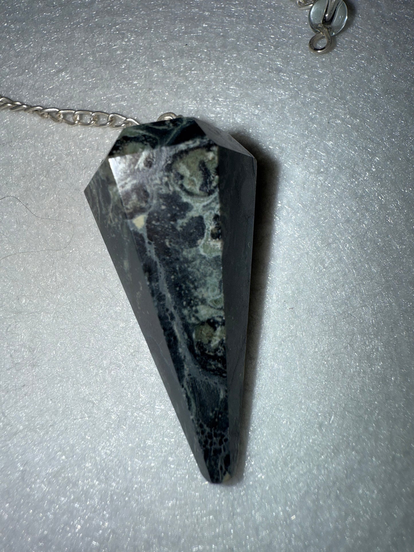 Incredible Kambaba Jasper Pendulum is  1.5” and with chain is 9”