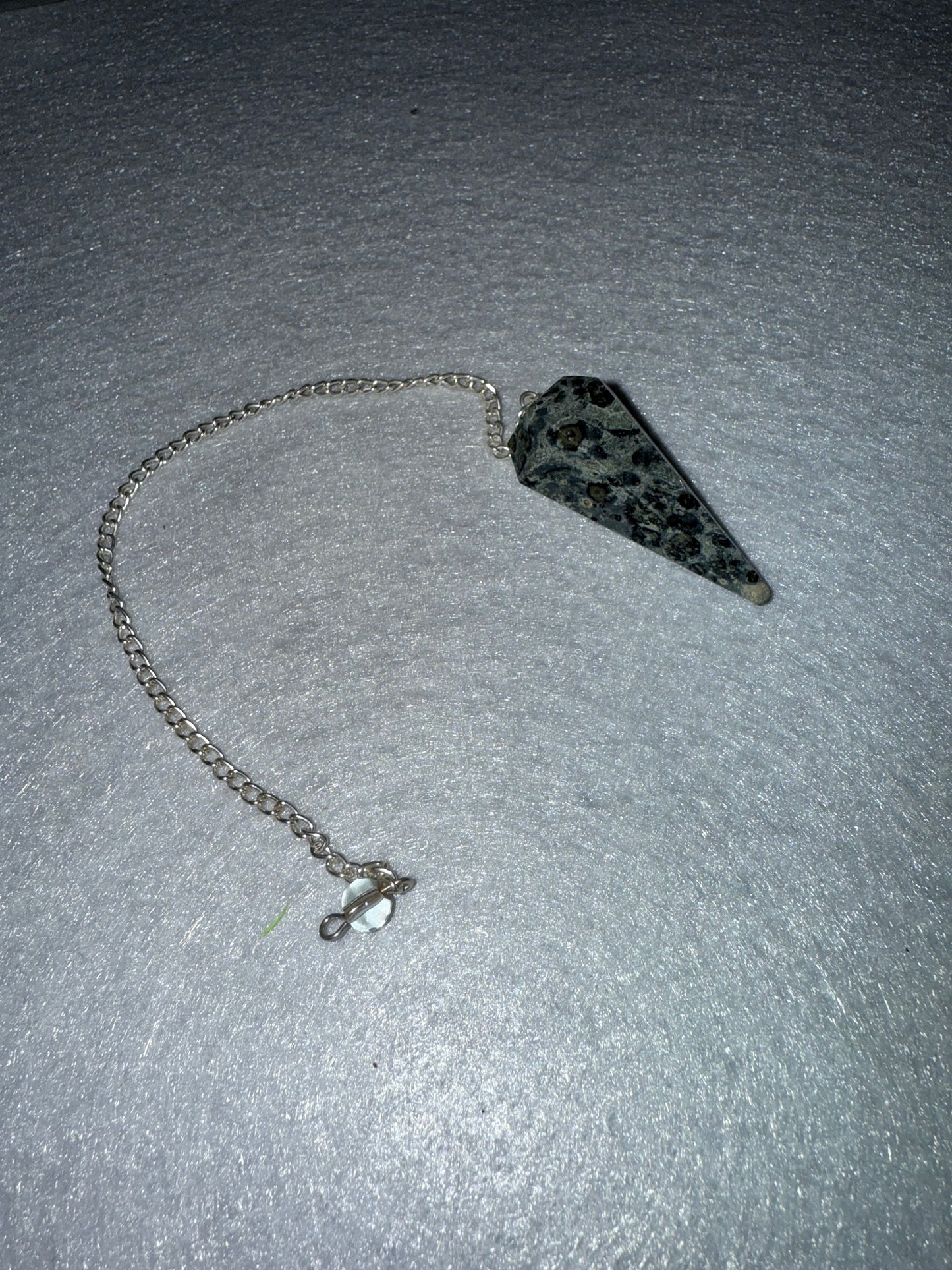 Awesome Kambaba Jasper Pendulum is  1.5” and with chain is 9”