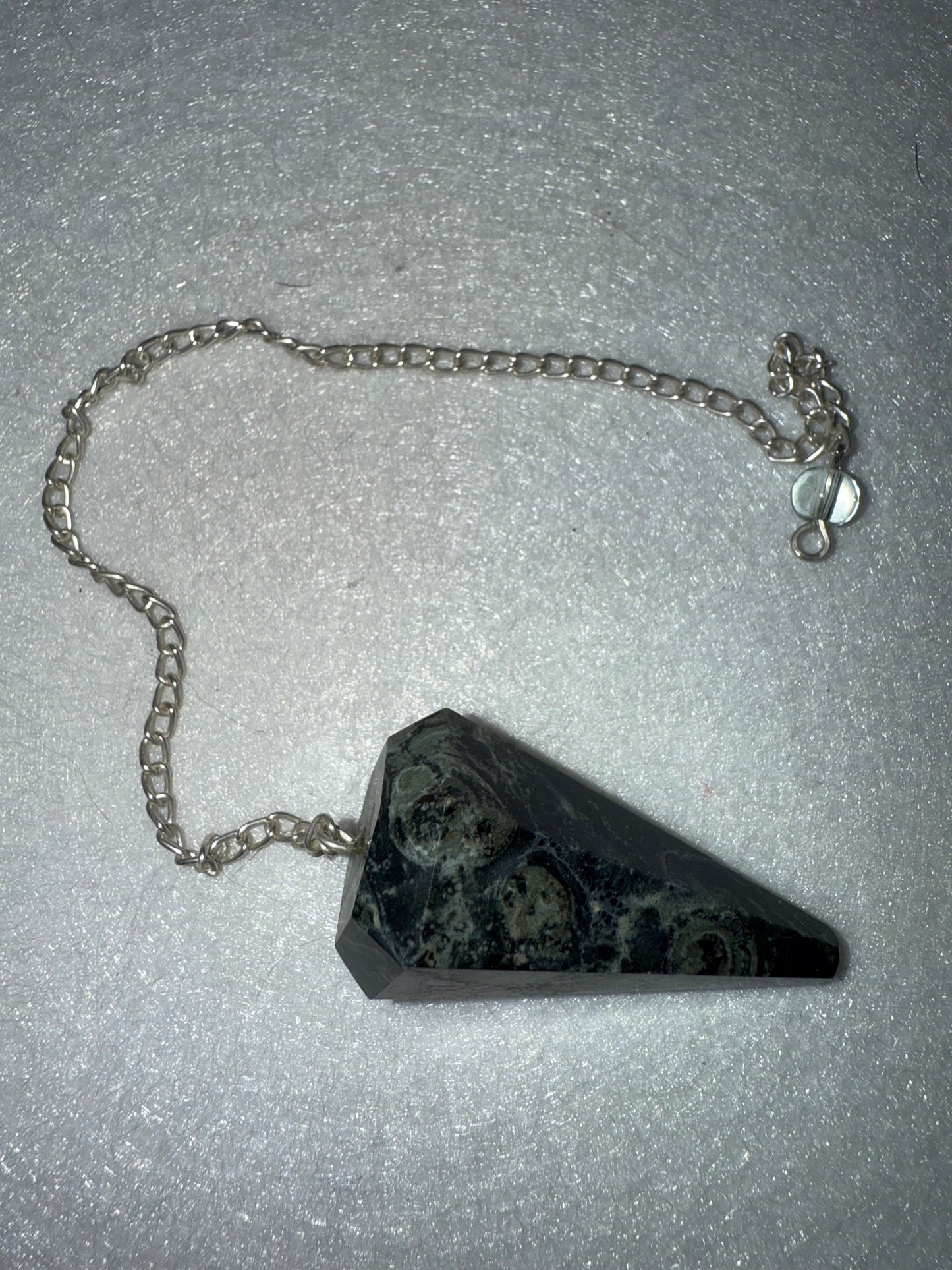 Incredible Kambaba Jasper Pendulum is  1.5” and with chain is 9”