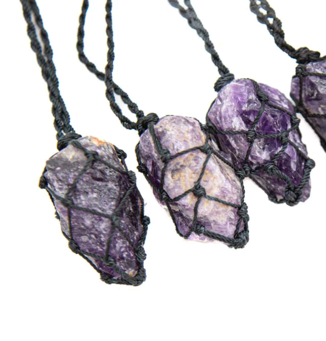 Uniquely crafted Hemp Macramé necklace with Chevron Amethyst crystal