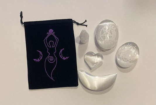 Goddess Collection  - Selenite palm stone, heart, moon and tower.