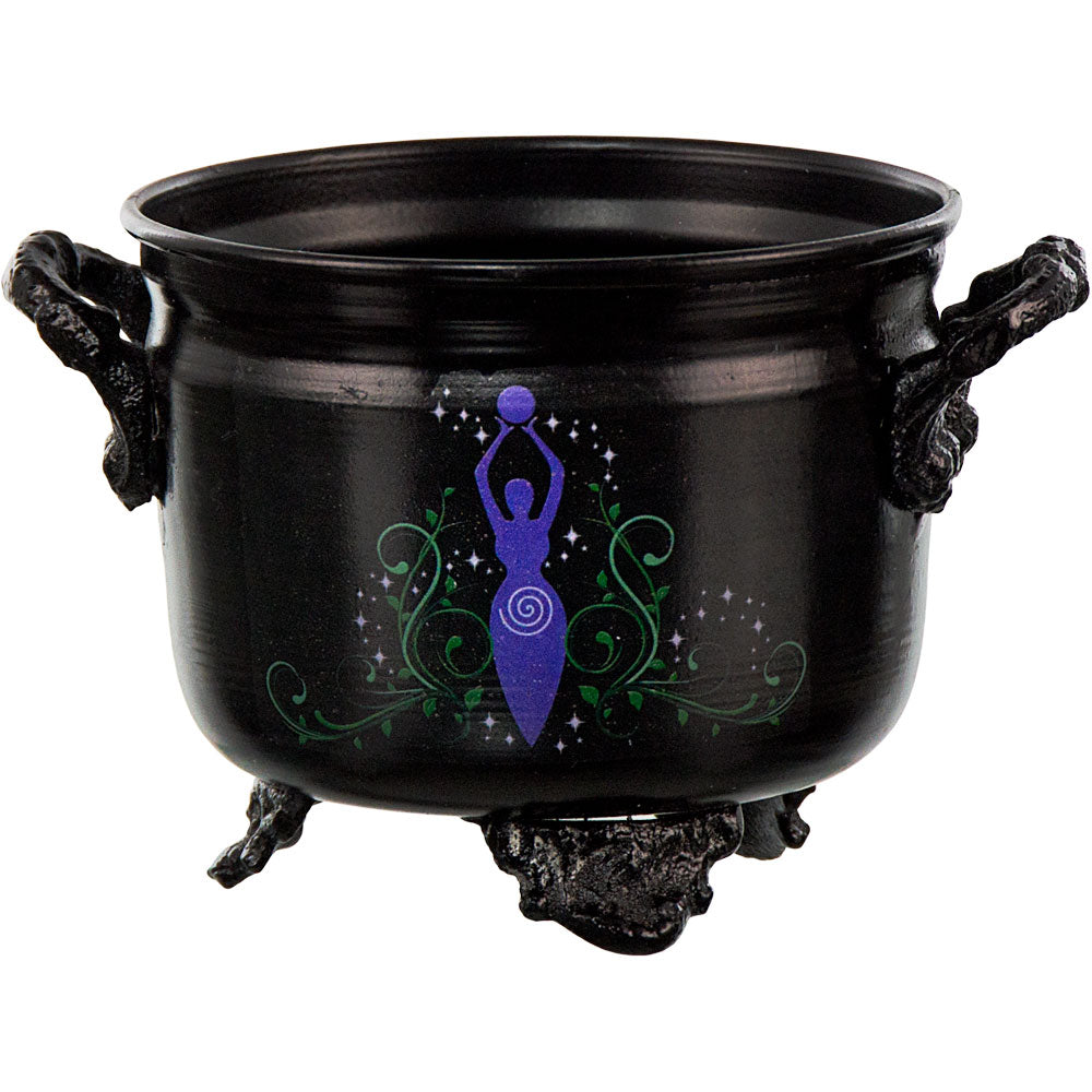 Black, Metal Witches Cauldron with Goddess print