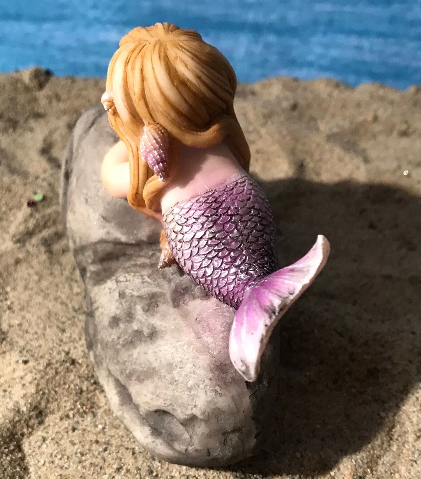 Pretty fairy beach garden mermaid with blonde hair. Miniature mermaid. Beach theme fairy garden.
