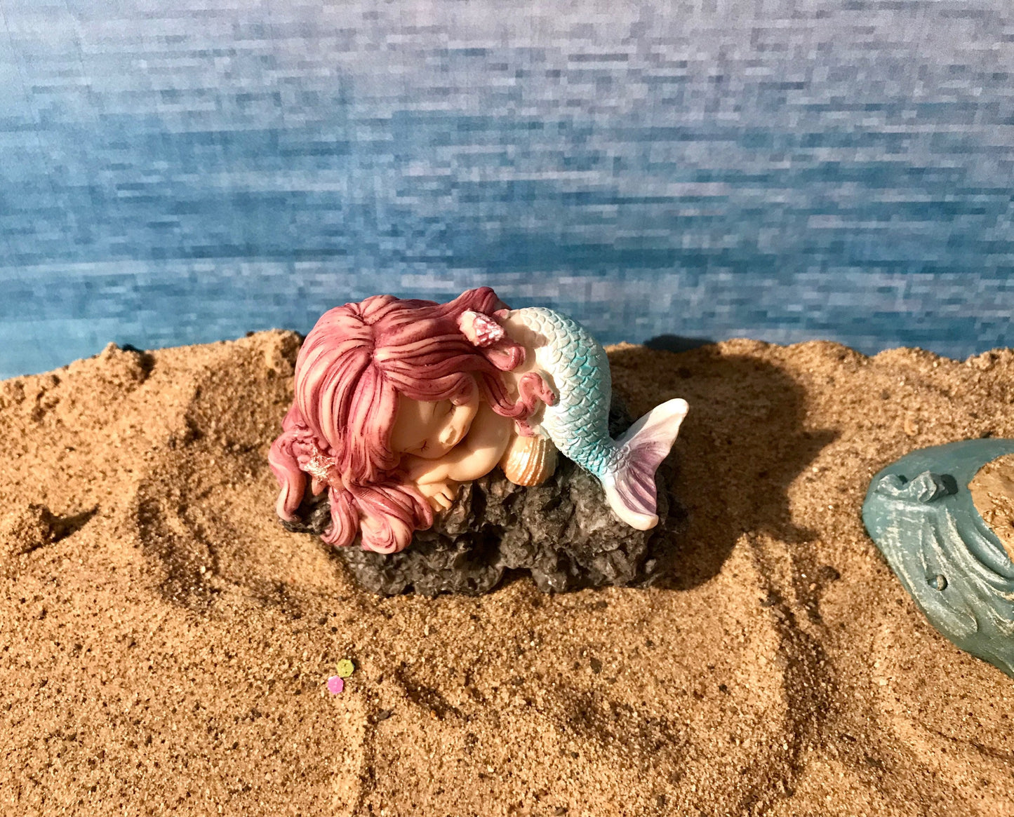 Pretty miniature mermaid, fairy garden mermaid with pink flowing hair, miniature beach nautical miniature garden mermaid, sleeping mermaid