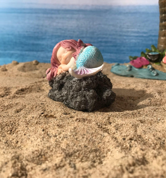 Pretty miniature mermaid, fairy garden mermaid with pink flowing hair, miniature beach nautical miniature garden mermaid, sleeping mermaid