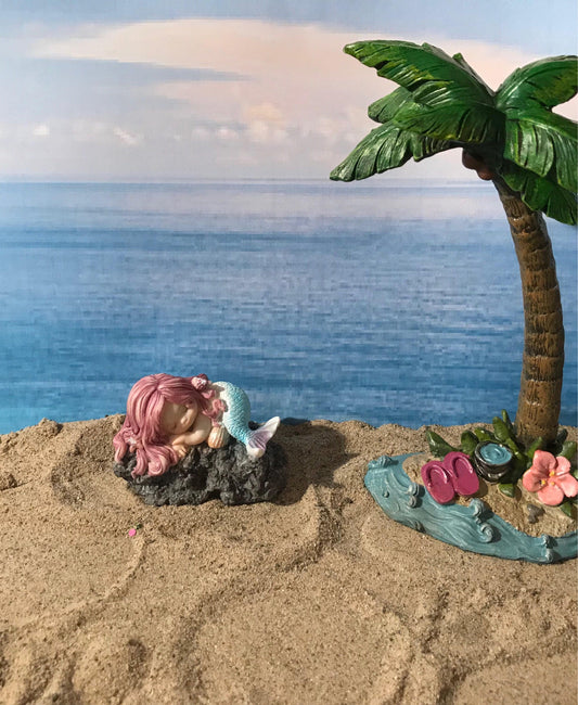 Pretty miniature mermaid, fairy garden mermaid with pink flowing hair, miniature beach nautical miniature garden mermaid, sleeping mermaid