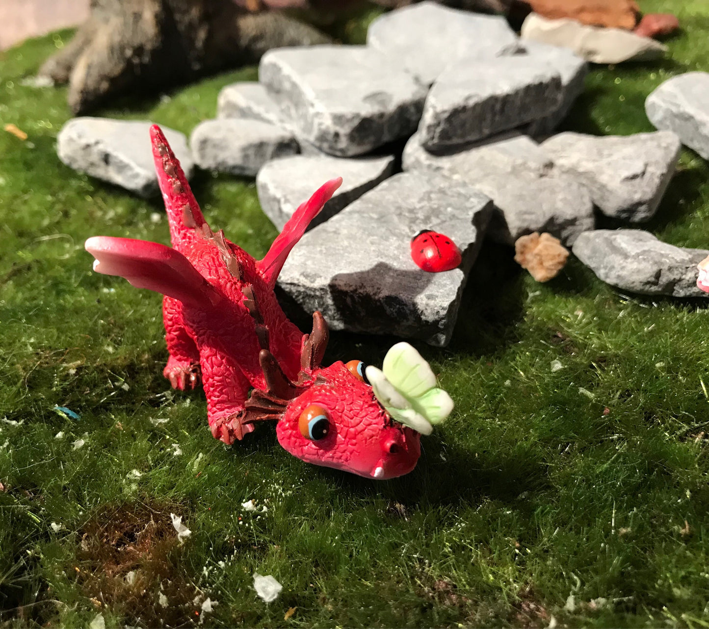 Adorable red dragon with butterfly on his snout, enchanted dragon, enchanted garden supply, fairy garden supplies, miniature dragon