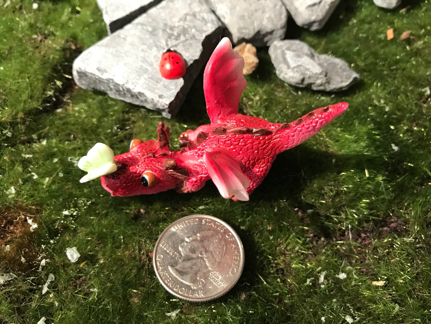 Adorable red dragon with butterfly on his snout, enchanted dragon, enchanted garden supply, fairy garden supplies, miniature dragon