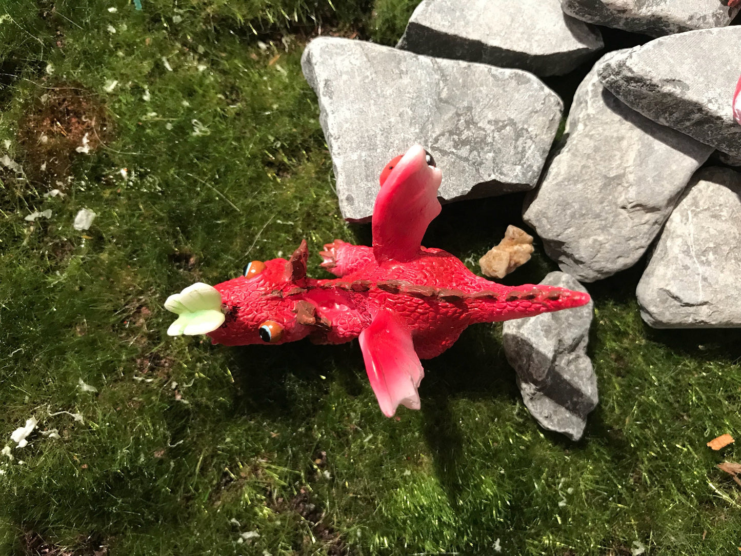 Adorable red dragon with butterfly on his snout, enchanted dragon, enchanted garden supply, fairy garden supplies, miniature dragon