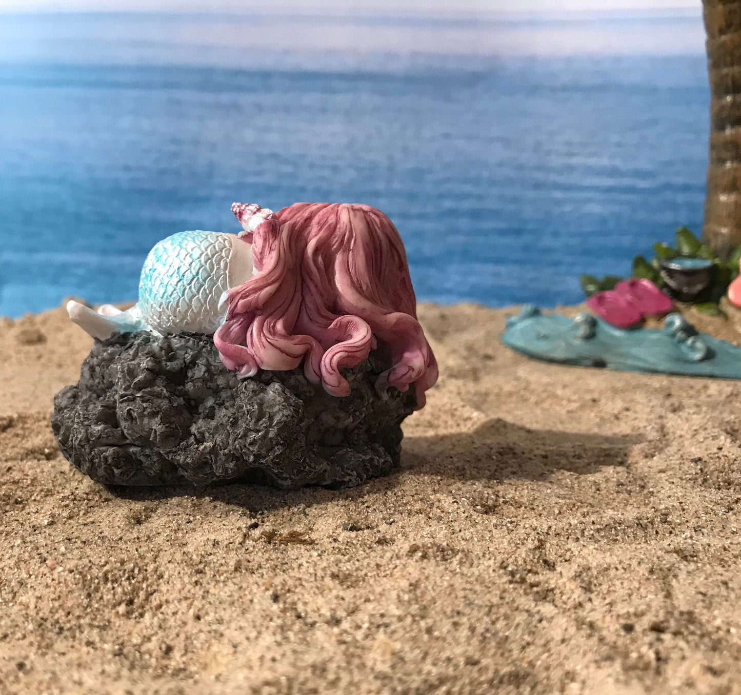 Pretty miniature mermaid, fairy garden mermaid with pink flowing hair, miniature beach nautical miniature garden mermaid, sleeping mermaid