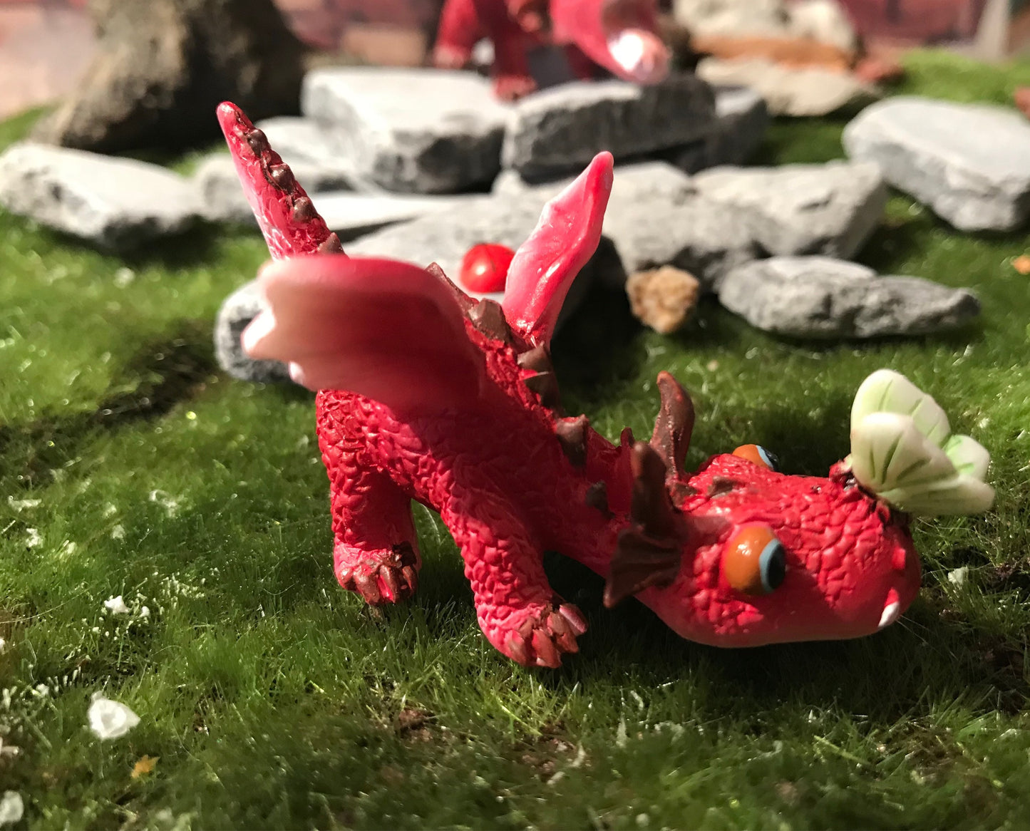 Adorable red dragon with butterfly on his snout, enchanted dragon, enchanted garden supply, fairy garden supplies, miniature dragon