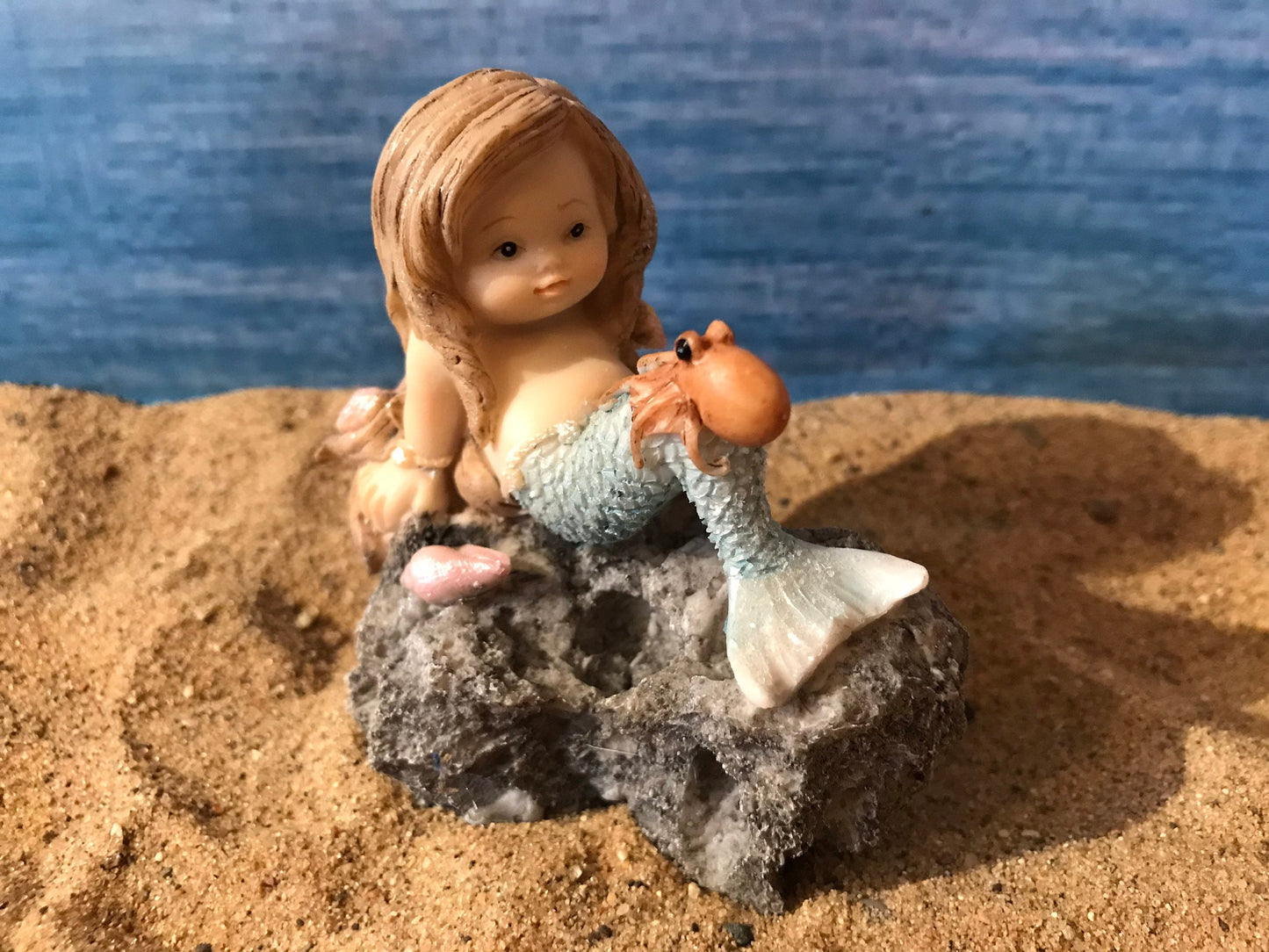 Pretty miniature mermaid with octopus fairy garden mermaid with pink flowing hair, miniature beach nautical mermaid, playful mermaid