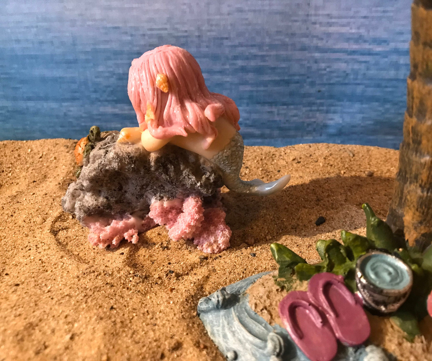 Pretty miniature mermaid playing with turtle on rock fairy garden mermaid with pink flowing hair beach nautical miniature playful mermaid