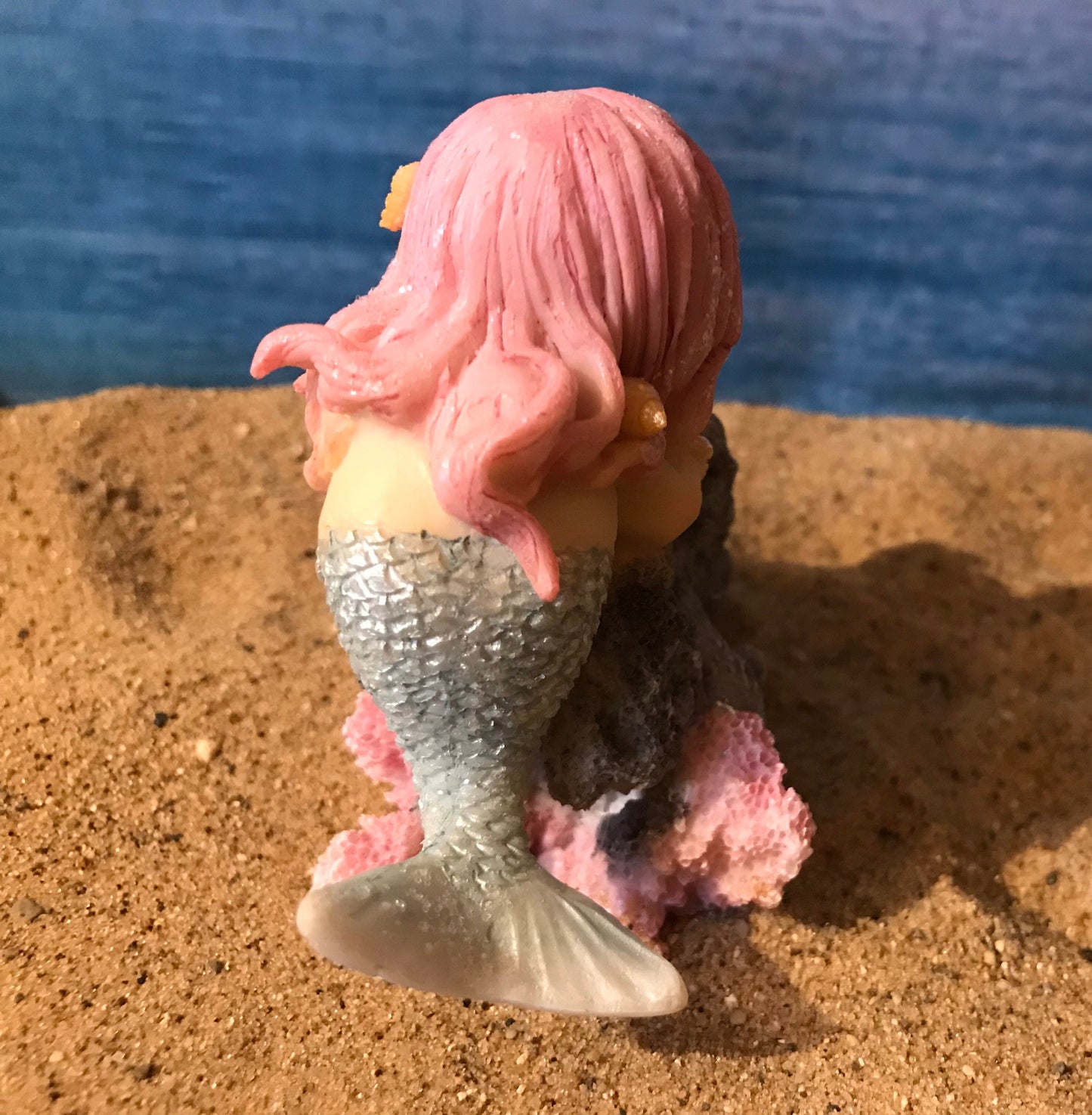 Pretty miniature mermaid playing with turtle on rock fairy garden mermaid with pink flowing hair beach nautical miniature playful mermaid