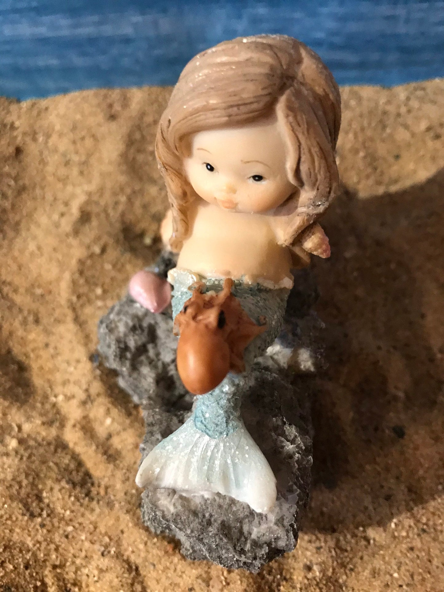 Pretty miniature mermaid with octopus fairy garden mermaid with pink flowing hair, miniature beach nautical mermaid, playful mermaid