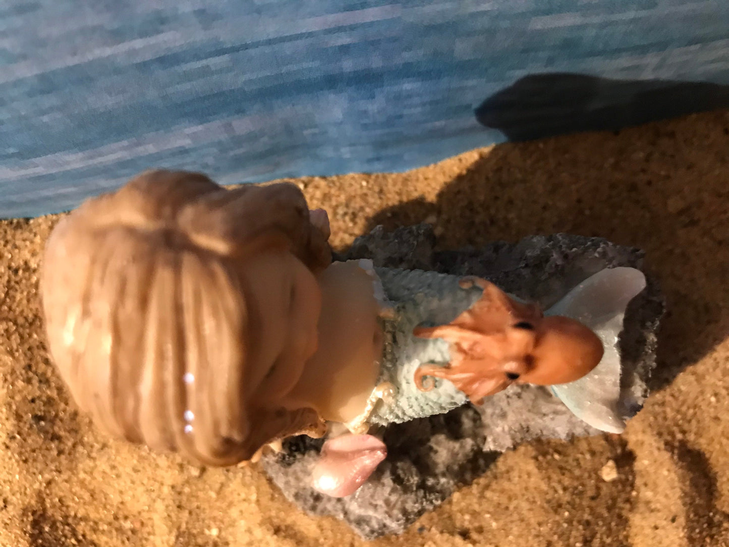 Pretty miniature mermaid with octopus fairy garden mermaid with pink flowing hair, miniature beach nautical mermaid, playful mermaid