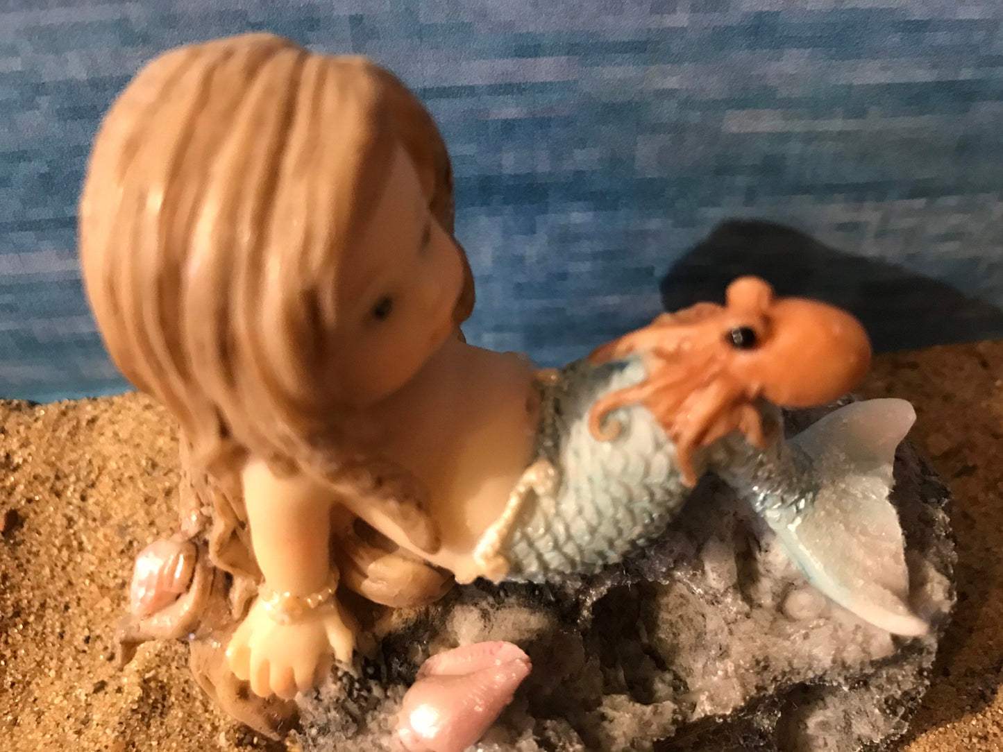Pretty miniature mermaid with octopus fairy garden mermaid with pink flowing hair, miniature beach nautical mermaid, playful mermaid