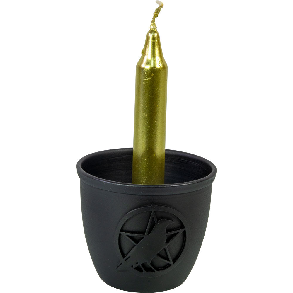 Metal Pot Mini Candle Holder - Pentacle w/ Raven