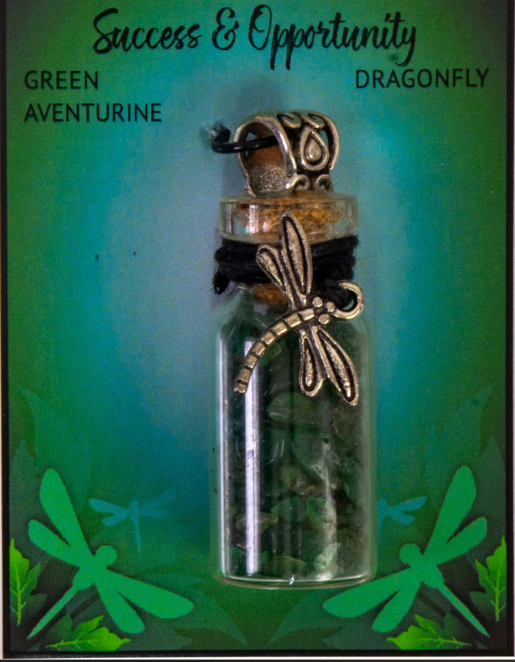 Small bottle with Green Aventurine chips and Dragonfly - black cord necklace - Good Luck - Money