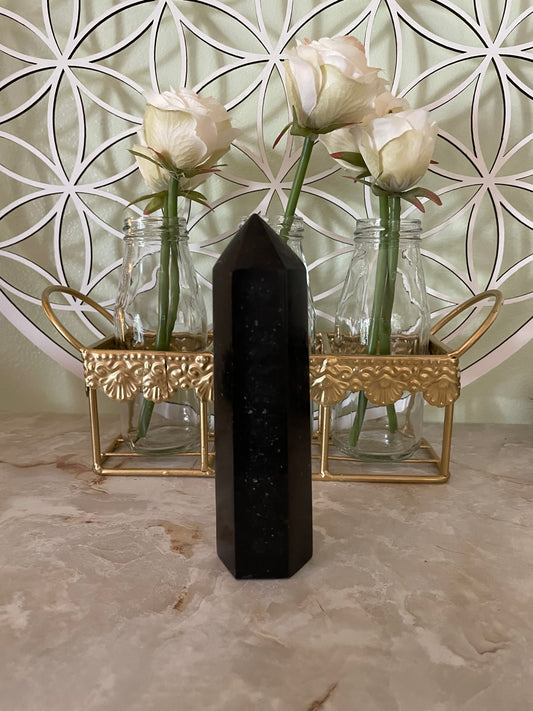 This magnificent Black Tourmaline point is approximately 6” tall and weighs 12.2 ounces.