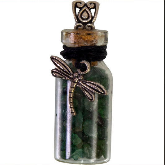 Small bottle with Green Aventurine chips and Dragonfly - black cord necklace - Good Luck - Money
